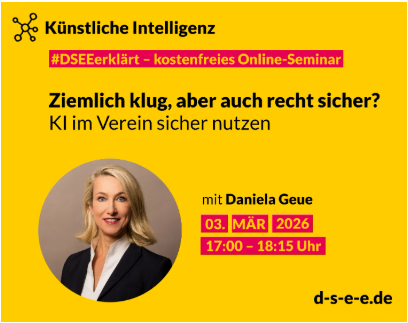 Symbolbild für die Veranstaltung „Künstliche Intelligenz: Ziemlich klug, aber auch recht sicher? KI im Verein sicher nutzen“