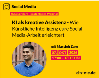 Symbolbild für die Veranstaltung „DSEEerklärt: KI als kreative Assistenz – Wie Künstliche Intelligenz eure Social-Media-Arbeit erleichtert“